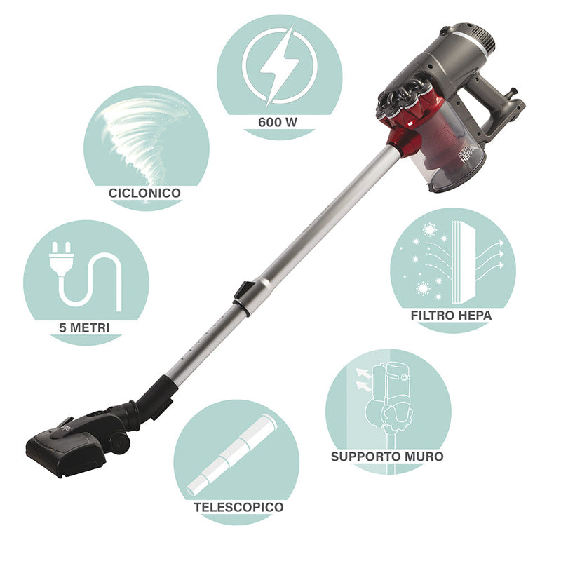 Aspirapolvere Ciclonico con Filo Scopa Elettrica 600W Kooper Airone 2.0 Grigio e Rosso