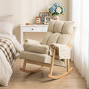 Sedia a Dondolo Imbottita 77x104x93 cm con Seduta Profonda Tasche Laterali e Gambe in Legno di Caucciù in Tessuto Tecnico Beige      