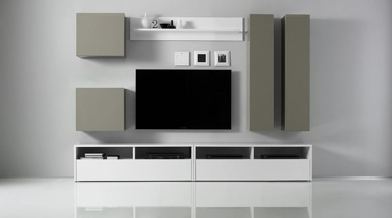 Parete Attrezzata Mobili Salotto con 4 Mobili Sospesi 2 Mobili Tv 1 Mensola 278x41x205cm TFT  Boost Bianco e Beige