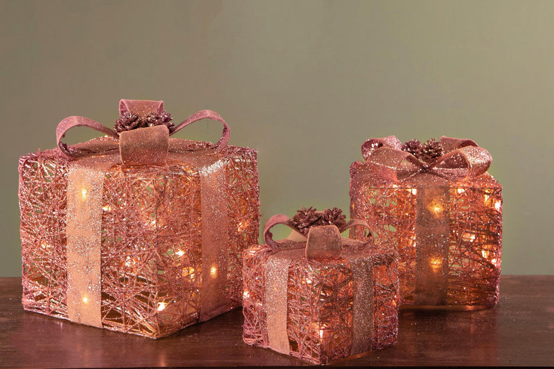 Pacchi Dono 3 Pezzi con 65 Led H25 cm in Rattan Rose