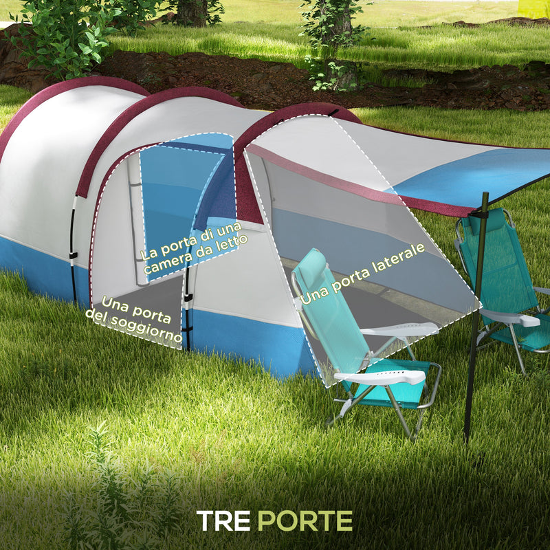 Tenda da Campeggio Impermeabile con 2 Aree e 3 Ingressi 420x200x150 cm in Poliestere e Fibra di Vetro Rosso-5
