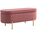 Panca Contenitore Ovale 108x44x43,5 cm Capienza da 72L con Coperchio Sollevabile in Velluto e Legno Rosa      
