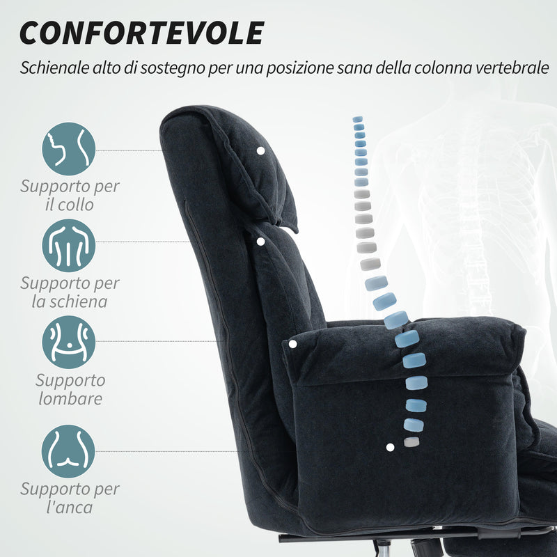 Sedia da Ufficio Operativa Reclinabile con Poggiapiedi 75x77x110-118 cm in Tessuto Effetto Velluto Nero  