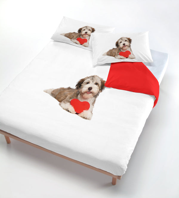 Housse de couette avec impression sur le sac et taies d'oreiller chien coeur rouge prezzo