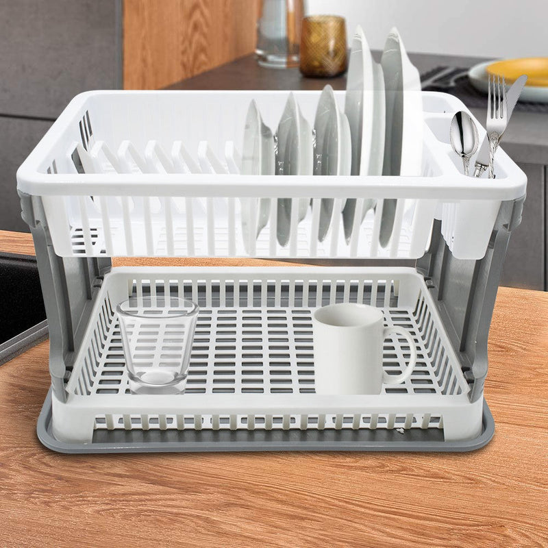 Scolapiatti da Appoggio in Plastica 2 Livelli in Rattan per Lavello Cucina