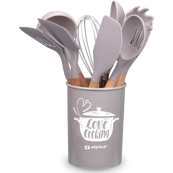 Set 12 Utensili da Cucina con Supporto in Silicone e Manico Legno Tortora online
