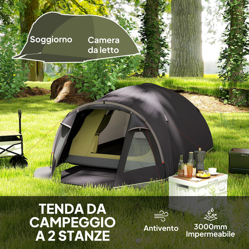 Tenda a Tunnel Impermeabile 330x190x120 cm per 2-4 Persone con Finestre Laterali e Gancio Nero  
