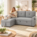 Divano Letto 3 Posti Estraibile 201x132x88 cm con Chaise Longue Contenitore e Cuscini in Tessuto Grigio      