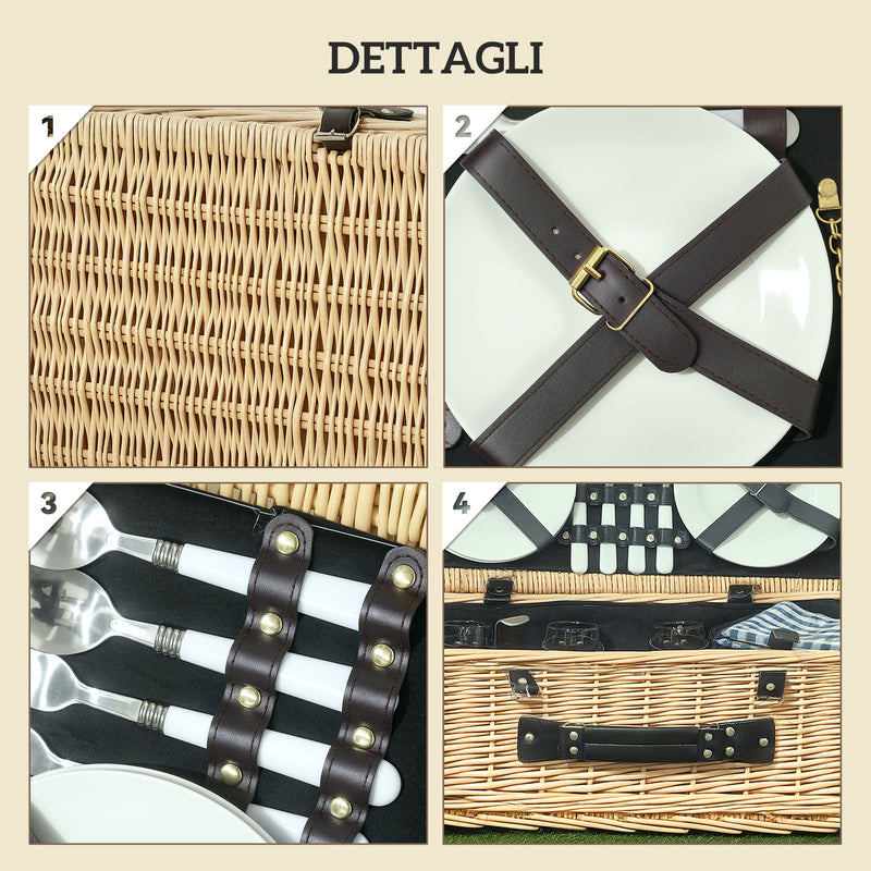 Cesta Valigetta da Pic Nic per 4 Persone 24 Pezzi in Vimini color Legno  