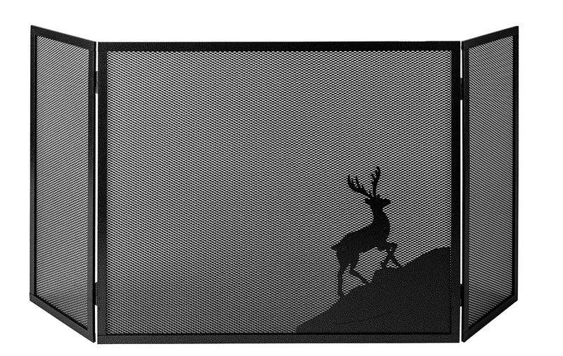 Parascintille per Camino a 3 Ante Design Cervo 20+60+20x50 cm in Ferro Verniciato Grigio Martellato