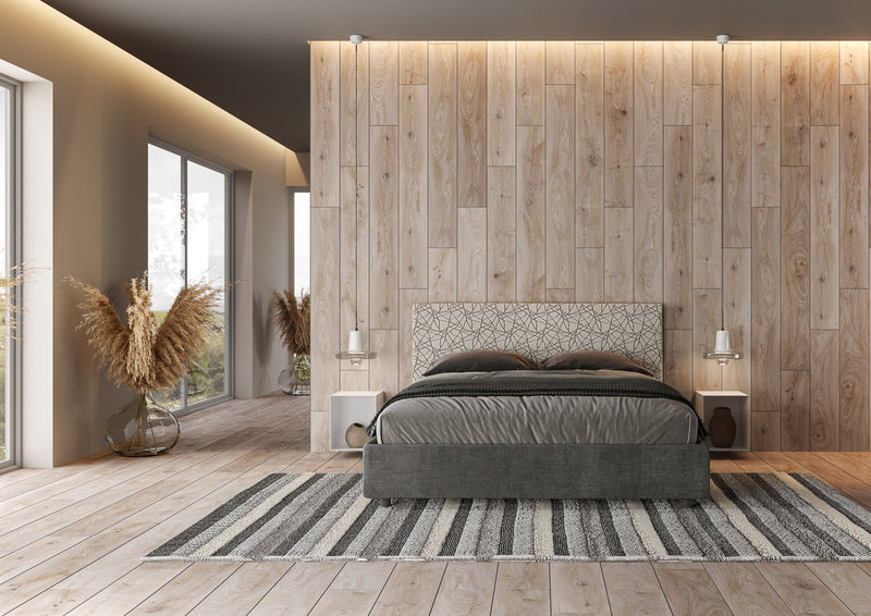 Letto Matrimoniale con Testata e Alzata Comoda Imbottito in Tessuto Labirinto Arla Grigio Varie Misure