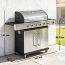 Barbecue a Gas 142x49x111 cm 6 Bruciatori e Fuoco Laterale in Acciaio Inox Nero e Argento      