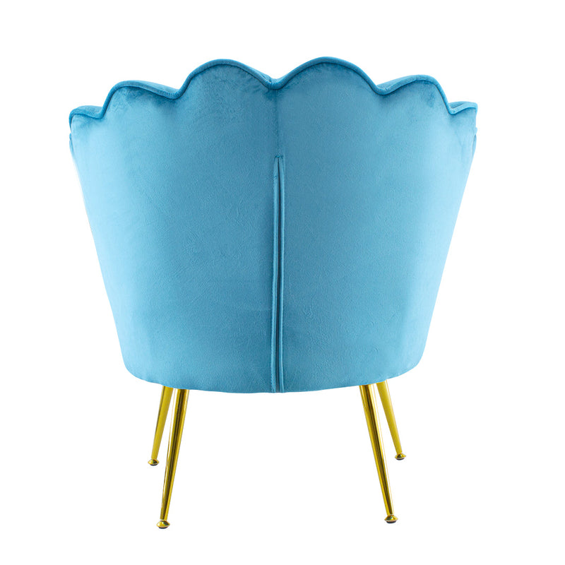 Poltrona Imbottita Schienale a Conchiglia in Velluto Piedi Oro Blu