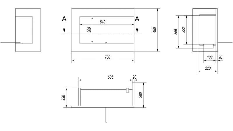 Camino a Bioetanolo da Incasso 70x48 cm Flig Tampa Nero Angolo a Destra