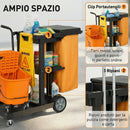 Carrello Pulizie 122x46,5x101 cm Ruote 3 Ripiani Sacco 70L Secchio con Strizzatore in PP HDPE Arancione      