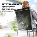 Set 7 Pezzi da Esterno con 6 Sedie Impilabili in Texteline e Tavolino da Caffè con Piano in Vetro in Acciaio Nero e Argento      