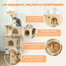 Albero Tiragraffi per Gatti 48x48x140 cm con 2 Casette Amaca Lettino e Pali in Sisal Beige      