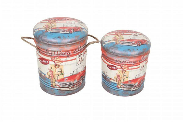 acquista Set 2 Pouf Conteneur Rond en MDF Bleu Clair/Blanc
