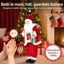 Babbo Natale Animato a Batteria 48x22x120 cm con Musica e Movimento Regali e Bastoncino di Zucchero in Velluto      
