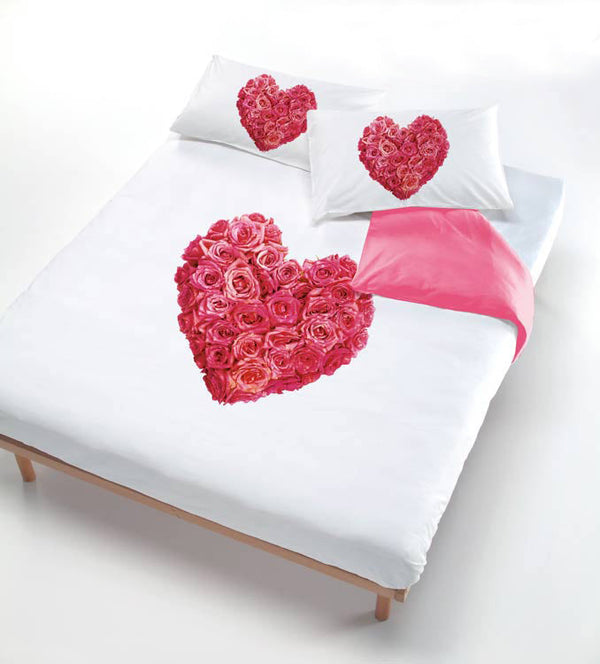 Housse de couette avec imprimé sur le sac et taies d'oreiller coeur de roses sconto