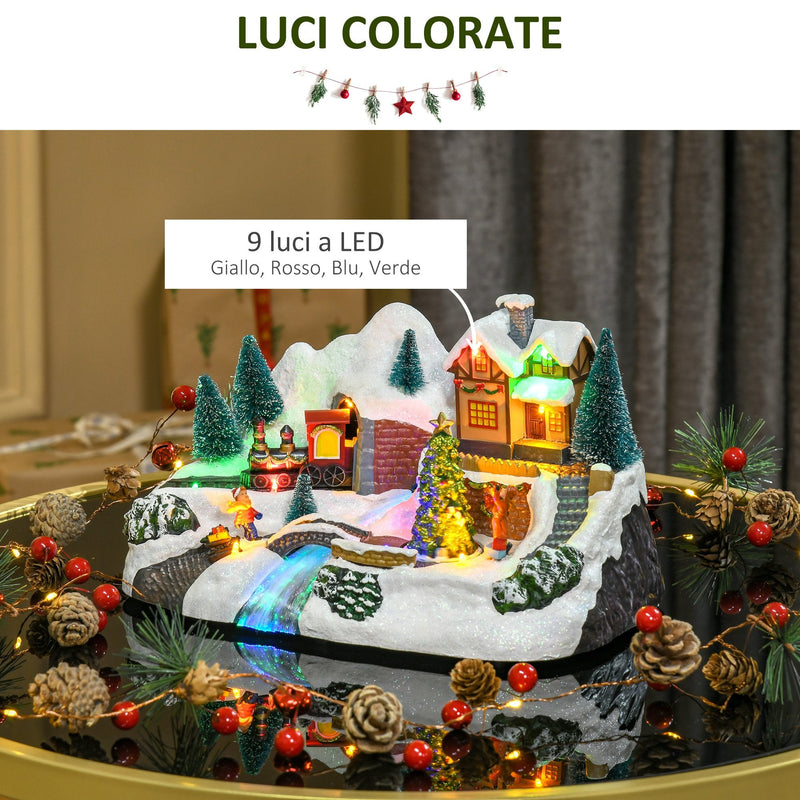 Villaggio Natalizio Luminoso con Albero Girevole 8 Musiche Luci LED e Fibre Ottiche Multicolore