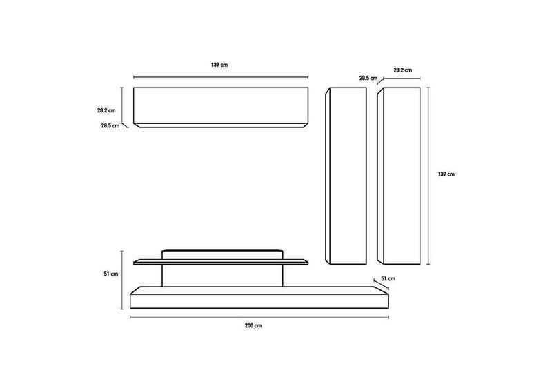 Parete Attrezzata Mobili Salotto 3 Mobili Sospesi 1 Mobile TV Mensola 185x225x51cm TFT  Cube Bianco Lucido e Miele