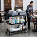 Carrello Pulizie Professionale 115x50x100 cm a 3 Ripiani con 2 Contenitori Rimovibili Bidone Laterale e 4 Ruote in PP Nero      