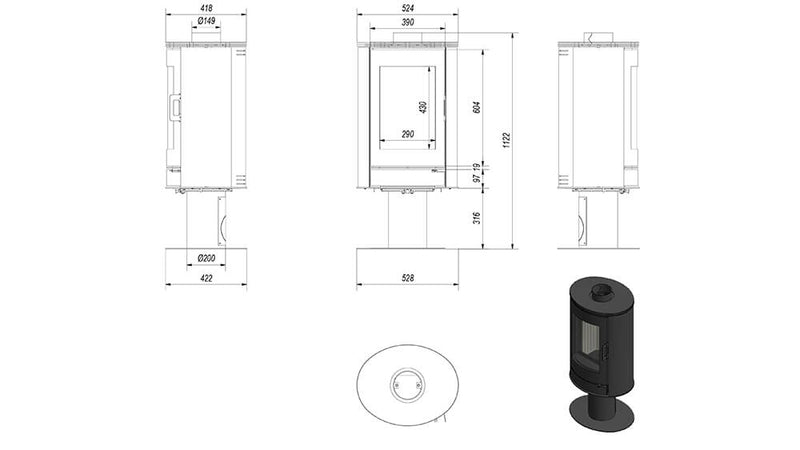 Stufa a Legna 5,5/10,5KW Piastrellata in Acciaio Flig Springfield Nera