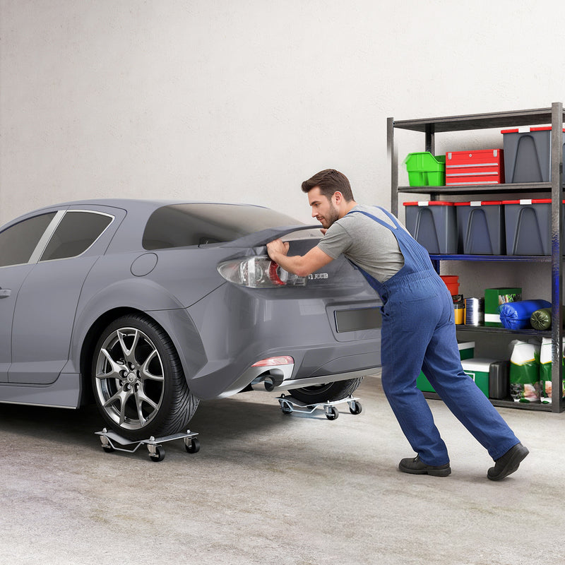 Set di 2 Carrelli Sposta Auto Antiscivolo Carico 680kg con Ruote Girevoli e Bloccabili in Metallo Argento      