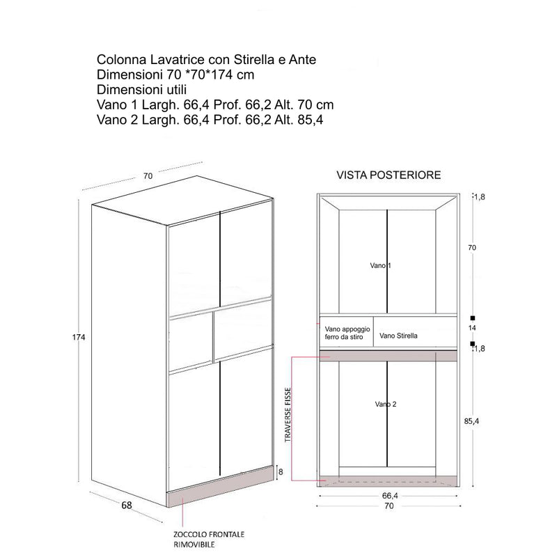 Mobile Lavanderia a Colonna per Lavatrice con Asse da Stiro e Ante Superiori 70x70x174A cm in Nobilitato Unika Olmo Naturale