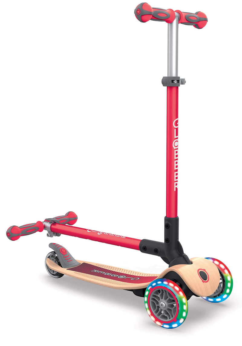 Monopattino 3 Ruote a LED Pieghevole 3 Altezze Max 50 Kg Globber Primo Foldable Wood Rosso