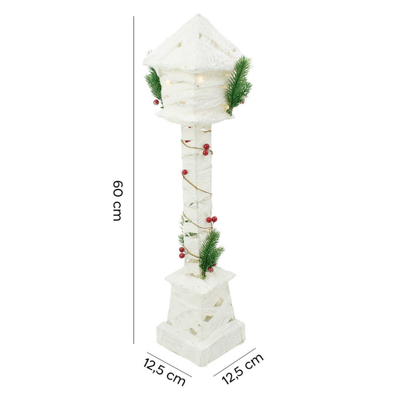 Lampione di Natale 60H cm ad intreccio bianca con glitter e minilucciole