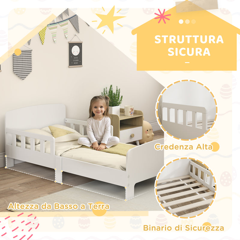 Letto per Bambini 3-8 Anni Basso con Sponde Laterali e Bordi Lisci 143.5x74.2x54 cm in Legno Bianco      