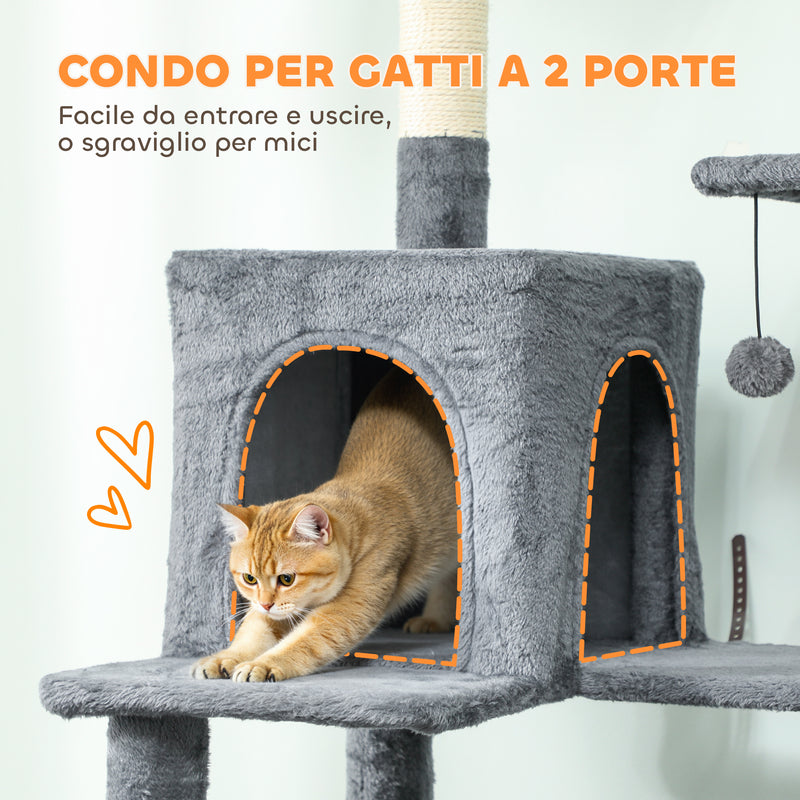 Albero Tiragraffi per Gatti Alto 202 cm con 6 Pali in Sisal Casette Amache e Lettino Grigio      