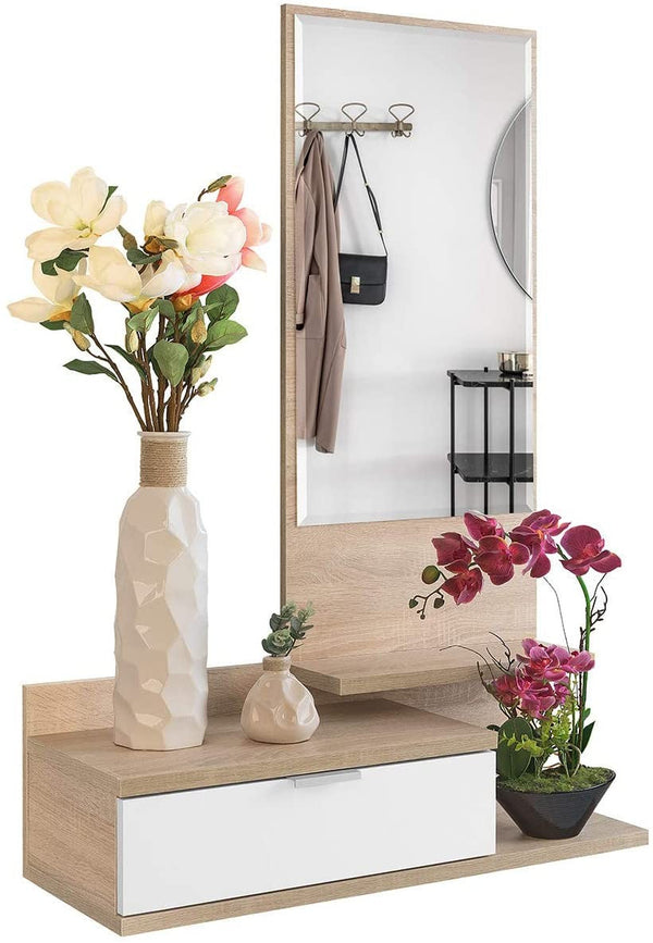 online Meuble d'entrée Dahlia 116x81x29 cm avec tiroir et miroir en style chêne moderne