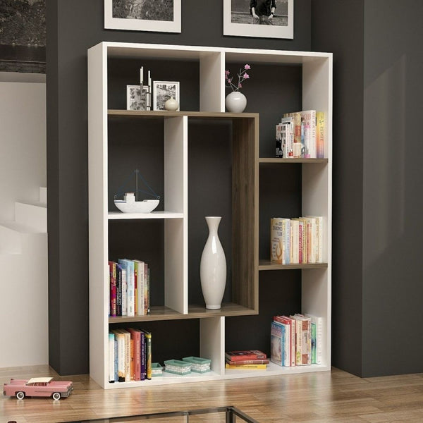 Bibliothèque Liam 100x136h cm blanche avec détail géométrique en noyer prezzo