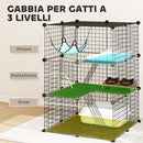 Gabbia per Gatti Recinto Personalizzabile 3 Livelli 70x70x105 cm in Acciaio Verniciato Nero      