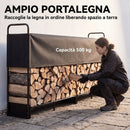 Portalegna da Interno ed Esterno 260x38x118 cm con Copertura e Borsa in Oxford 600D Portata 500 kg in Acciaio Zincato Nero      