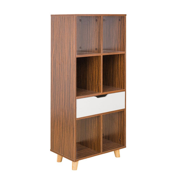 Libreria 6 Ripiani 1 Cassetto 53x155x30 cm in Legno Melaminico Zebrano e Bianco Opaco sconto