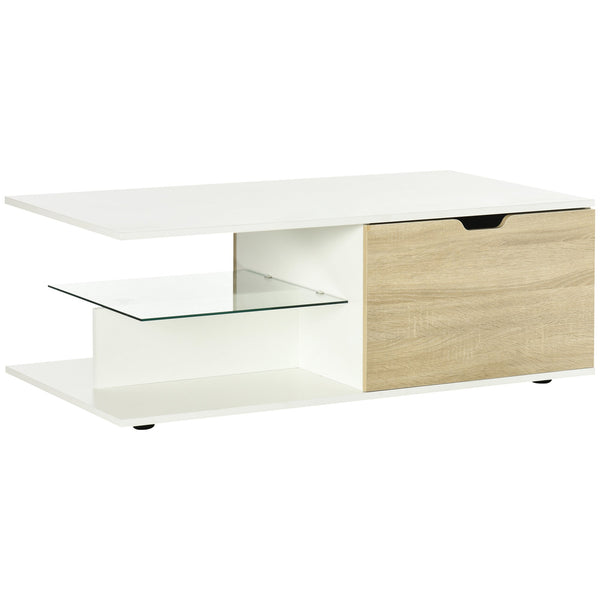 online Tavolino da Caffè 106x58x39 cm con Cassetti e Ripiano in Vetro in Truciolato Bianco