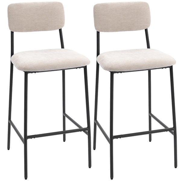 Set 2 Sgabelli da Bar con Schienale Alto Poggiapiedi e Rivestimento in Ciniglia Crema acquista