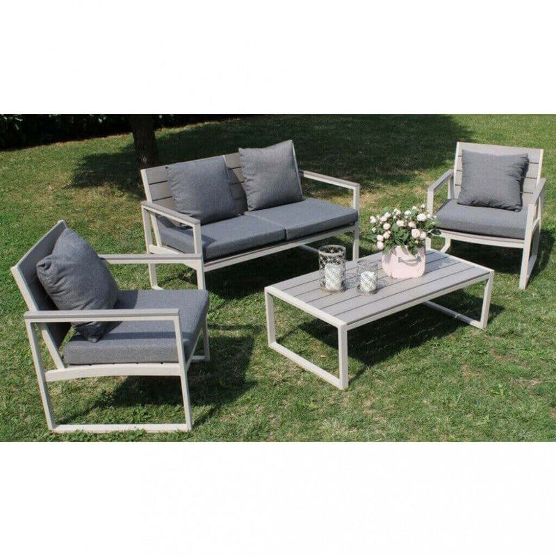 Set Salotto da Giardino Divano 2 Poltrone e Tavolino con Cuscini in Alluminio Tortora