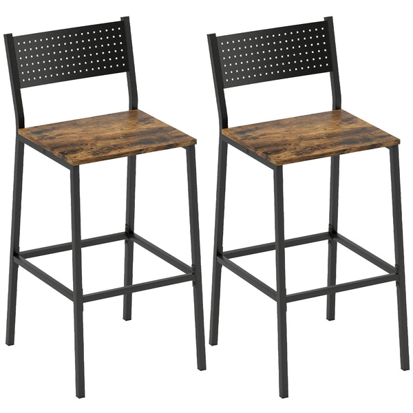 acquista Set 2 Sgabelli da Bar in Stile Industriale con Schienale e Poggiapiedi 43,2x50,5x97,8 cm in Metallo e MDF Marrone Rustico