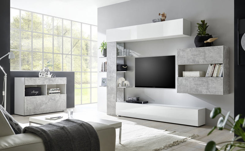 Credenza Mobile Soggiorno 1 Anta 2 Vani 111x42x82 cm TFT Akira Bianco e Cemento
