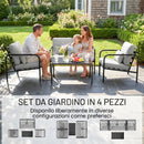 Set 4 Pezzi Salotto da Giardino con Divano 2 Posti 2 Poltrone e Tavolino in Acciaio Grigio Chiaro      
