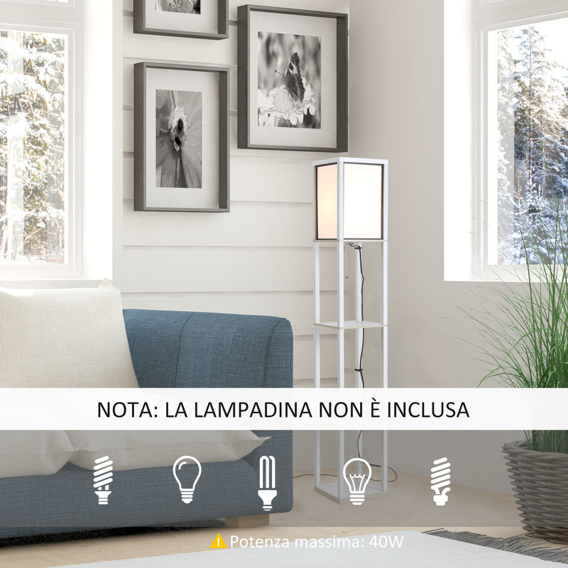 Lampada da Terra con Attacco E27 26x26x160 cm con 3 Mensole e Interruttore a Pedale in MDF e Tessuto Bianco  