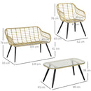 Set 4 Pezzi da Esterno 2 Sedie Divano 2 Posti e Tavolino con Piano in Vetro in Rattan PE Naturale e Crema   