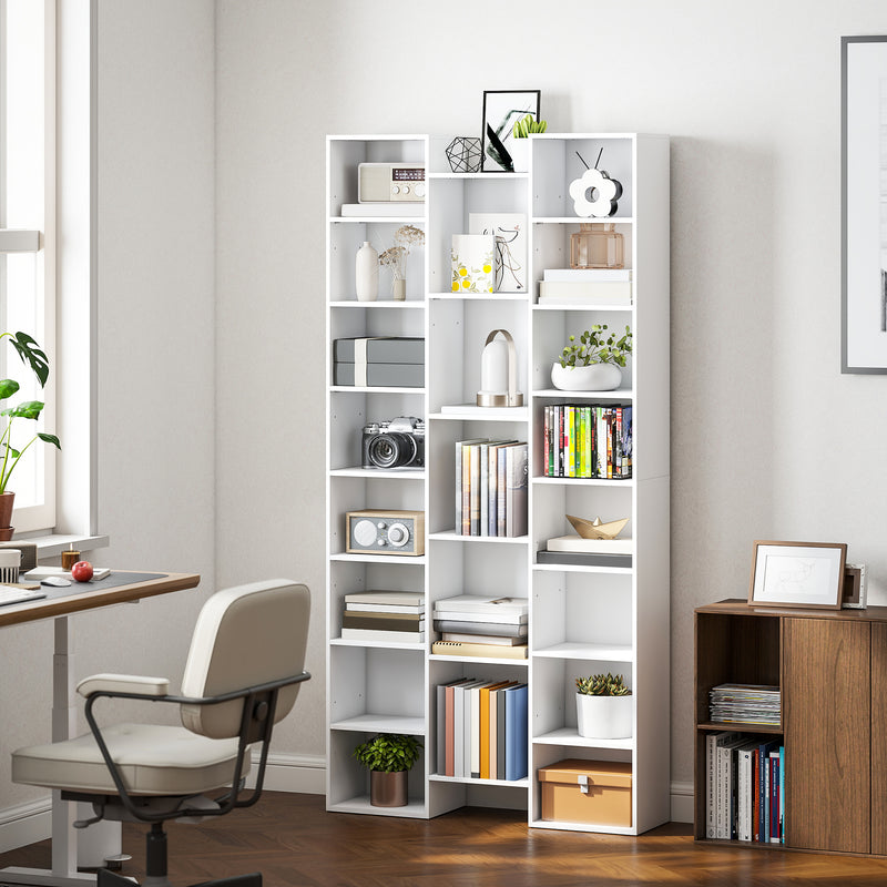 Libreria Moderna 89,5x23,5x181 cm con 21 Scomparti e 10 Ripiani Regolabili in Legno Bianco      