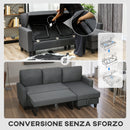 Divano Letto 3 Posti 197x129x85 cm con Chaise e Spazio Contenitore in Tessuto Effetto Lino Grigio Carbone      