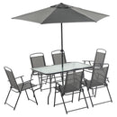 Set Tavolo e 6 Sedie Pieghevoli da Giardino con Ombrellone Piano in Vetro e Sedute in Tessuto Grigio